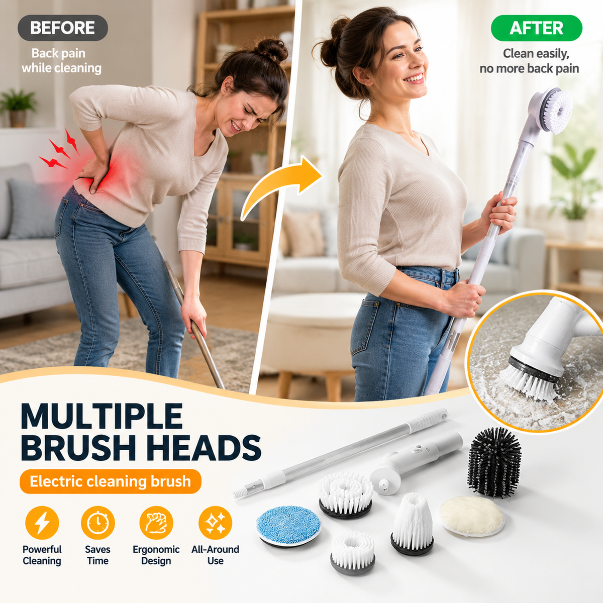 Electric Spin Scrubber – Cordless Power Scrubber with 6 Replaceable Brush Heads & Extendable Handle