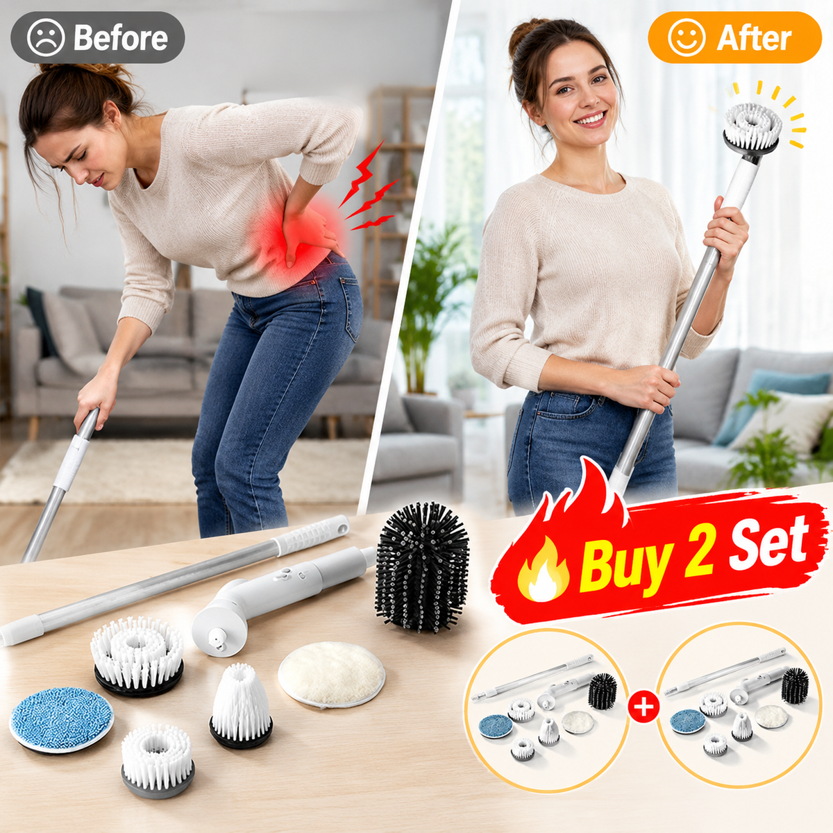 Electric Spin Scrubber – Cordless Power Scrubber with 6 Replaceable Brush Heads & Extendable Handle
